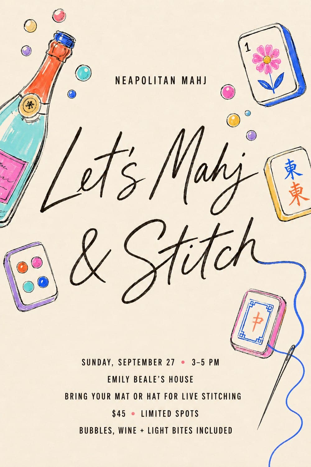 Let's Mahj & Stitch flyer — Sunday, September 27, 3–5pm, $45, bubbles and light bites included